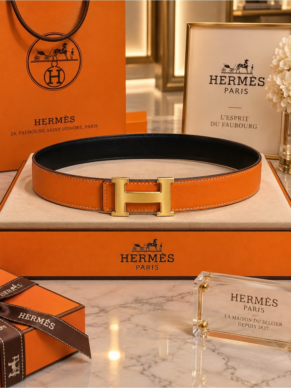 Orange H Belt with Gold 'H' Buckle